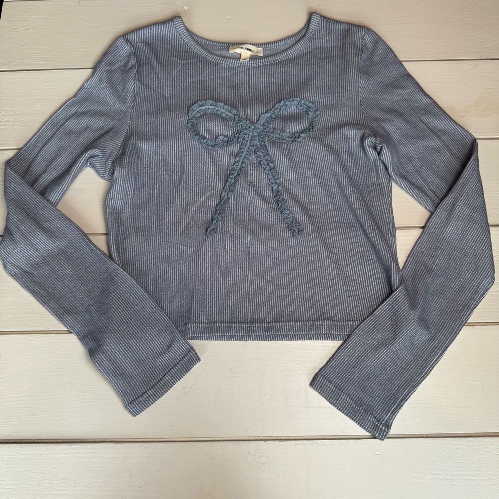 ee:some Light Blue Ribbed Long Sleeve Top with Textured Bow Detail